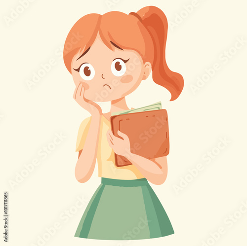 A girl with book looks confuses illustration