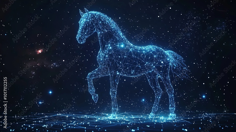 A celestial horse formed from bright blue constellations stands regally against a cosmic background, exuding majesty and a sense of dreamlike grandeur. A celestial horse formed from bright blue constellations stands regally against a cosmic background, exuding majesty and a sense of dreamlike grandeur.