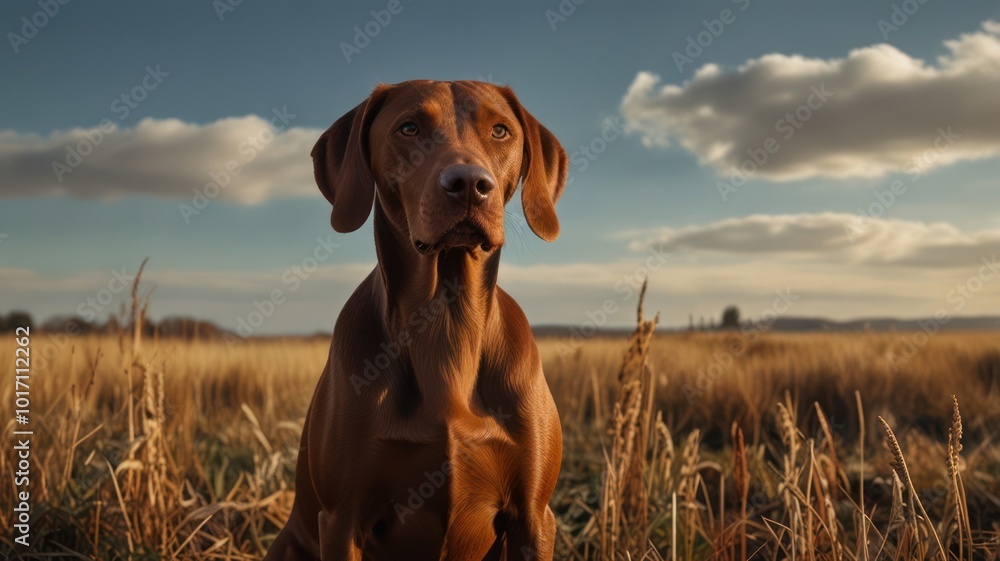 A brown dog sits in a field of tall grass, looking directly at the camera. The sky is a soft blue with white clouds. A brown dog sits in a field of tall grass, looking directly at the camera. The sky is a soft blue with white clouds.