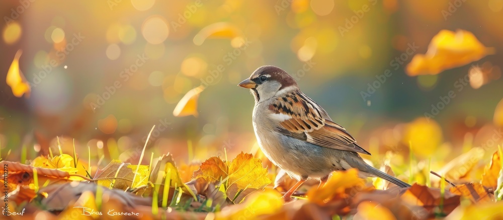 Sparrow in a Meadow Among Leaves Sparrow in a Meadow Among Leaves