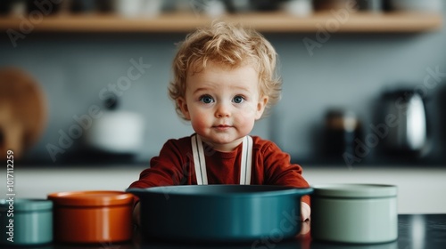 An adorable toddler with curly blonde hair plays in the kitchen with colorful cooking pots, engaged in imaginative play, exploring textures and sounds in his own world. photo