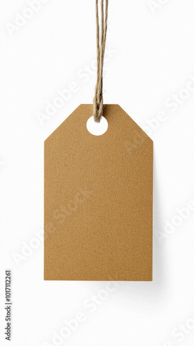 A brown tag hanging from a string. The tag is empty and has a hole in the middle