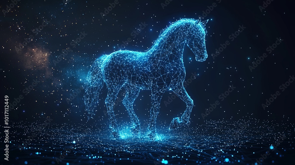 This image presents a star-infused digital horse prancing gracefully across a cosmic realm, an extraordinary fusion of natural elegance and technological wonder.