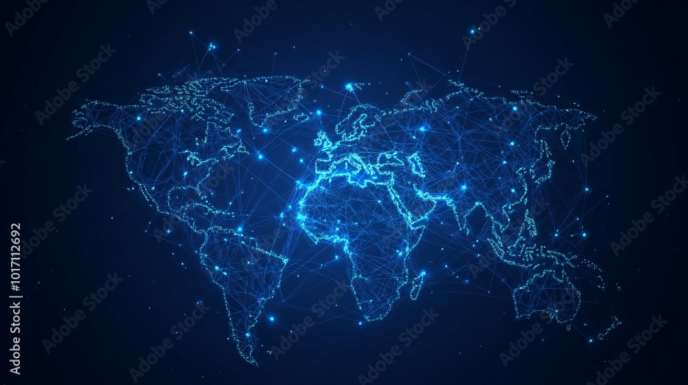 A Digital Illustration of a Connected World Map with Glowing Lines and Dots A Digital Illustration of a Connected World Map with Glowing Lines and Dots