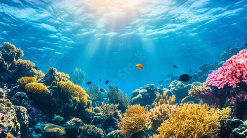 A colorful coral reef teeming with life. Sunbeams pierce through the clear blue water, illuminating the vibrant coral and fish.