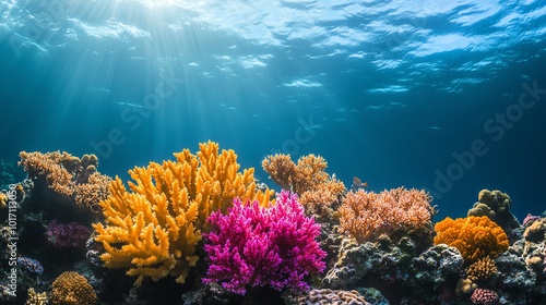 Colorful coral reef underwater with sunbeams shining through.