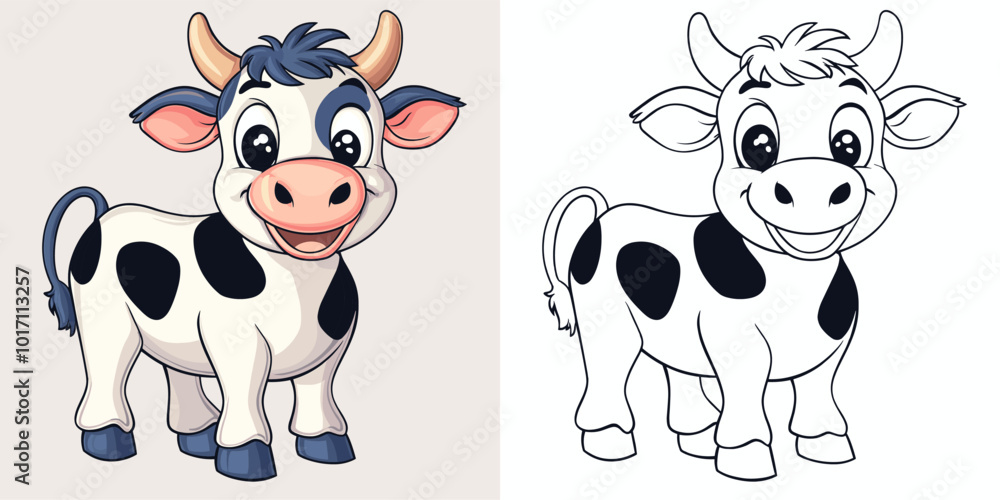 Obraz premium Happy Cow Cartoon Character Coloring Page Featuring Adorable Farm Animal Outline Fun Wildlife Art Playful Cute Creature Creative and Relaxing Drawing Activity for Kids