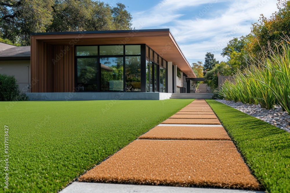 Fototapeta premium Warm cinnamon synthetic grass complementing a modern home with minimalist aesthetics and a straight concrete pathway