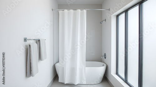 White shower curtain in front of a bathtub in a simple modern bathroom. Generative AI