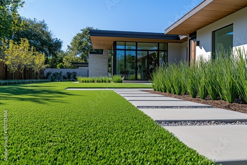 Warm flaxen synthetic grass installation in front of a sleek, modern home with a simple concrete path