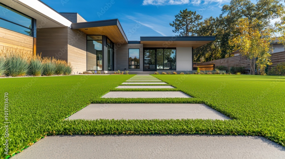 Warm taupe artificial turf in front of a modern home with minimalist aesthetics and a clean concrete pathway Warm taupe artificial turf in front of a modern home with minimalist aesthetics and a clean concrete pathway