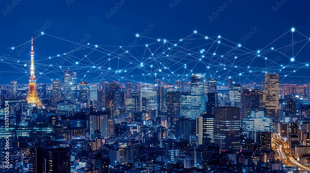 Naklejka premium Tokyo cityscape at night illuminated with glowing network connections.