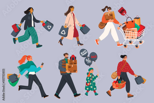 Cartoon collection of people running to the sale.Male and female characters with bags, boxes, cart, basket,gift.Hand lettered Black Friday balloons.Vector designs isolated on gray.Flat color style.