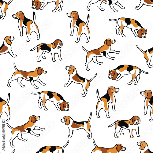 Graphic seamless pattern with spotted dog.Animal background with black outline on white.Pets are drawn in different poses.Cute print on fabric and paper.Vector design for textile,packaging,wallpaper.