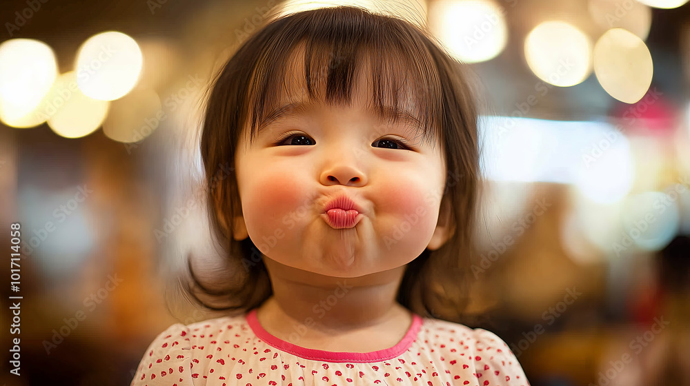 A little girl with rosy cheeks makes a cute pout.