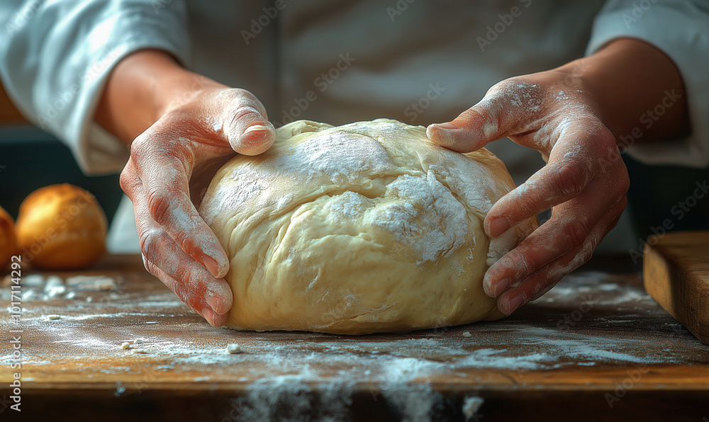 Close-up of hands kneading dough on table surface. Close-up of hands kneading dough on table surface.