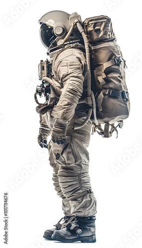 Side view of an astronaut in a full space suit isolated on white background