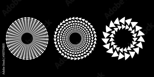 Set of white triangles in vortex form. Geometric art. Halftone dots. Trendy design element for logo, tattoo, sign, symbol, web, prints, posters, social media, template, pattern and abstract background