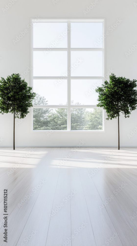Fototapeta premium Minimalist interior design with a large window and two potted plants.