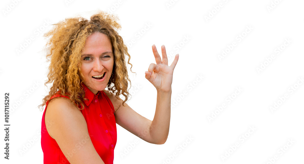 Beautiful fashionable businesswoman smiling making and showing ok hand sign fingers winking with one eye