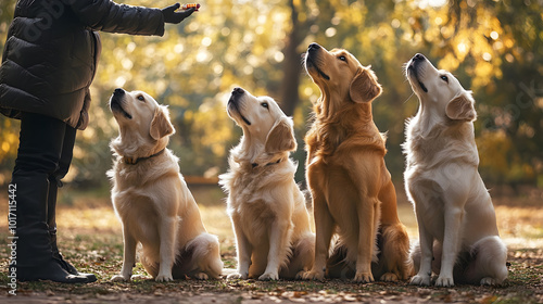 A group of dogs sitting obediently in a park looking up at their owner for a treat photo