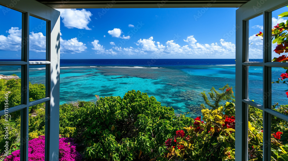 Fototapeta premium A tropical window view of a turquoise ocean, with lush green foliage and vibrant flowers.