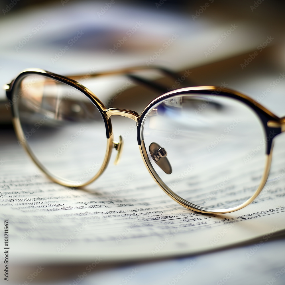 Golden-rimmed eyeglasses rest on a page of dense text. Golden-rimmed eyeglasses rest on a page of dense text.