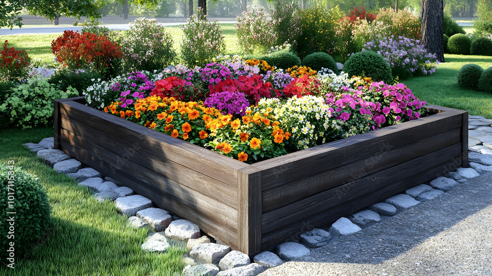 A raised garden bed filled with colorful flowers and a stone walkway surrounding it A raised garden bed filled with colorful flowers and a stone walkway surrounding it