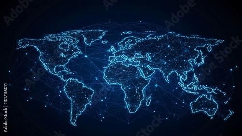 A glowing blue digital map of the world with connected dots.