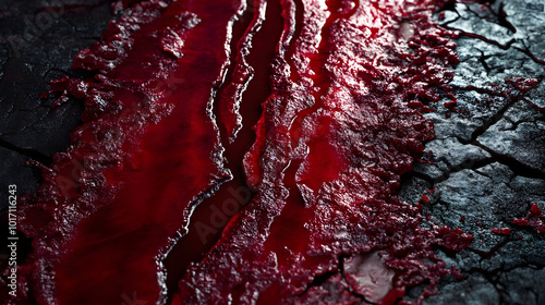 A thick blood streak down the center of the background with dried and fresh areas