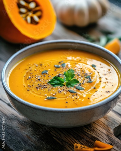 Bowl of pumpkin soup on wooden table