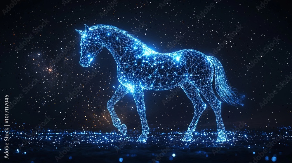 A blueprint horse constructed from lights and connected lines, gracefully poised in a star-speckled cosmic ambiance, symbolizing elegance and enlightenment. A blueprint horse constructed from lights and connected lines, gracefully poised in a star-speckled cosmic ambiance, symbolizing elegance and enlightenment.