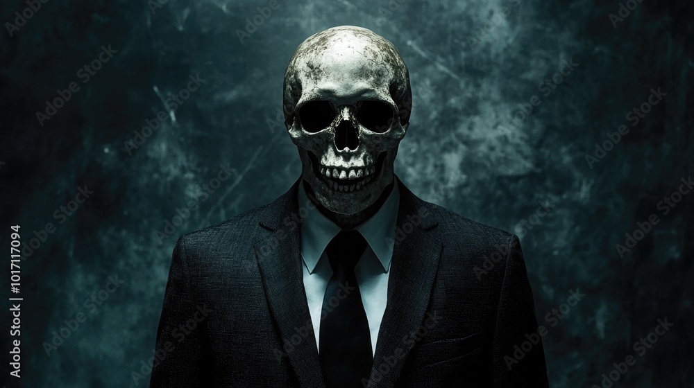 Dark background with human skull and ghostly figure in a suit Dark background with human skull and ghostly figure in a suit
