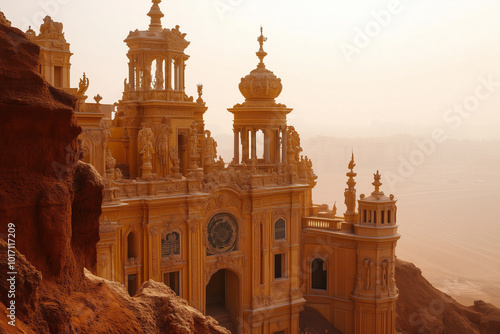 An ornate, golden-hued palace perched on a rocky cliff overlooking a hazy desert landscape.