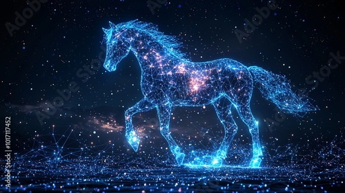 A luminous horse silhouette composed of digital points and interconnected lines, representing cosmic mystery and wonder against a star-studded backdrop. photo