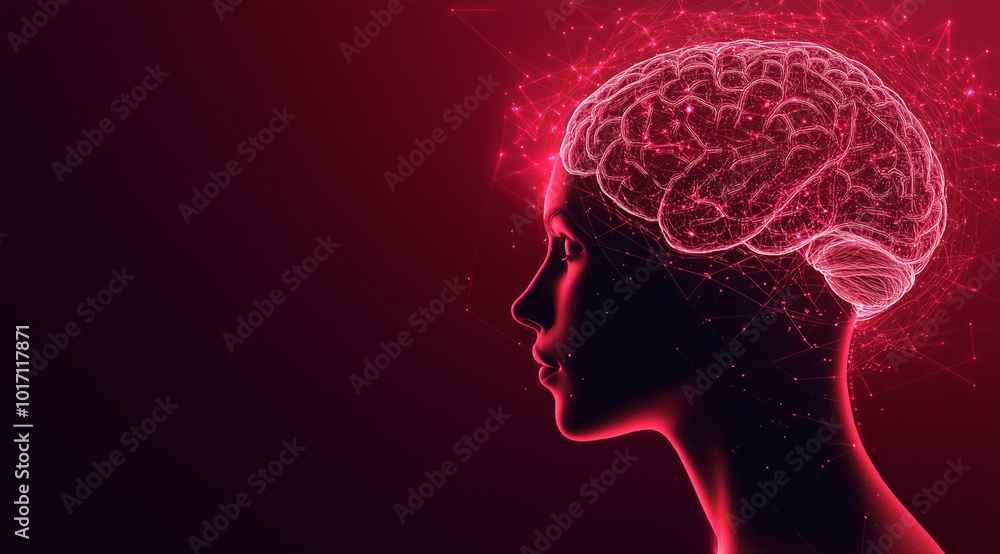 A digital rendering of a human profile with a glowing brain. A digital rendering of a human profile with a glowing brain.