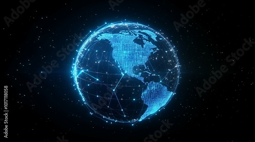 A glowing blue digital globe with a network of connections