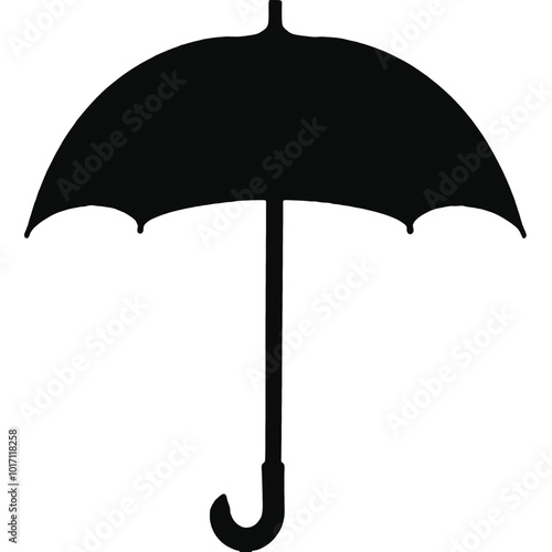 A black silhouette of an open umbrella with rain 