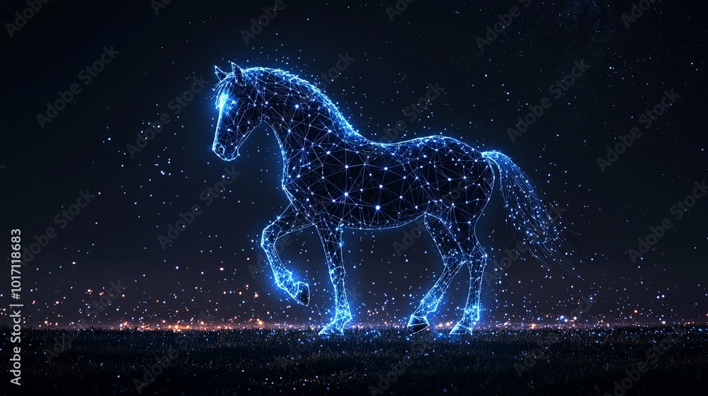 A futuristic cyber horse crafted from glowing blue networks and points, symbolizing strength and technological innovation, set against a dark ethereal space. A futuristic cyber horse crafted from glowing blue networks and points, symbolizing strength and technological innovation, set against a dark ethereal space.