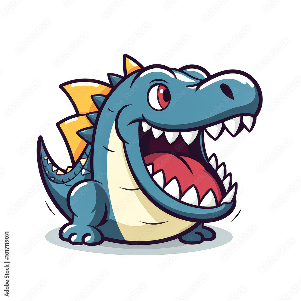 Cartoon dinosaur with a heart on its chest. It is smiling and has a big grin. Cartoon dinosaur with a heart on its chest. It is smiling and has a big grin.