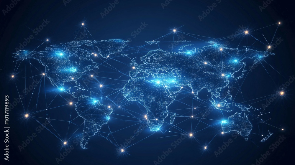 A stylized world map with glowing nodes interconnected by lines representing a network. A stylized world map with glowing nodes interconnected by lines representing a network.