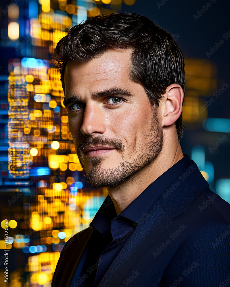 A man in a blue suit with a city lights background.