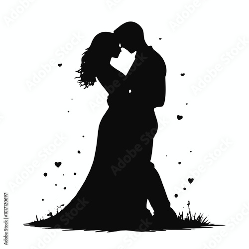 A silhouette of a couple embracing, with hearts