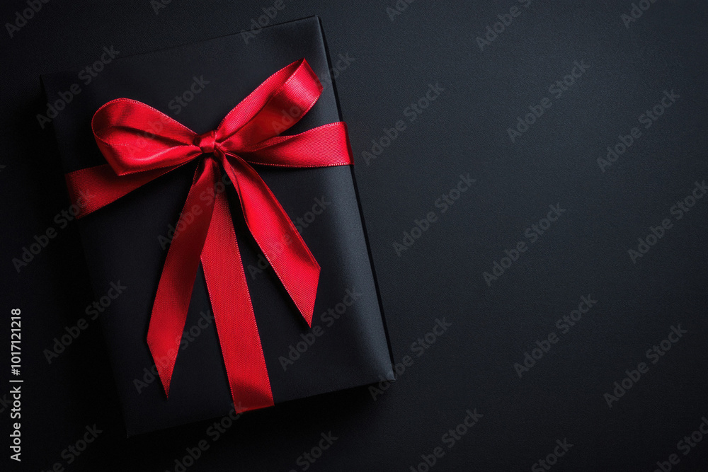 A black box with a red ribbon on top of it. The box is wrapped in red ribbon and has a bow on top. Concept of celebration and joy, as it is likely a gift for a special occasion A black box with a red ribbon on top of it. The box is wrapped in red ribbon and has a bow on top. Concept of celebration and joy, as it is likely a gift for a special occasion