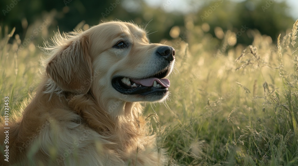 Golden Retriever Dog Looking Up in a Field of Grass Golden Retriever Dog Looking Up in a Field of Grass