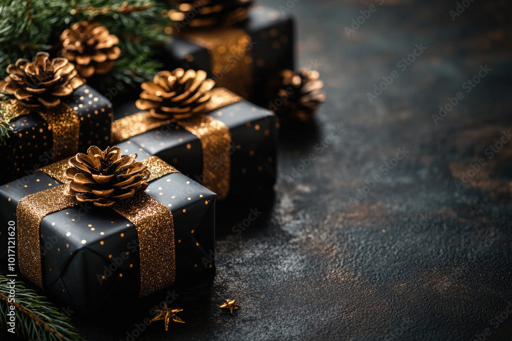 A black box with gold ribbons and pine cones on top of it. The box is surrounded by pine needles and is placed on a dark background A black box with gold ribbons and pine cones on top of it. The box is surrounded by pine needles and is placed on a dark background