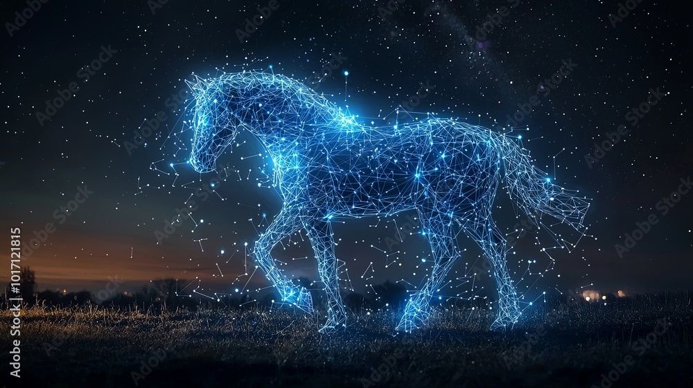 An ethereal horse figure floating in a field of softly glowing blue points and lines, symbolizing the fusion of nature and technology under a vast night sky. An ethereal horse figure floating in a field of softly glowing blue points and lines, symbolizing the fusion of nature and technology under a vast night sky.