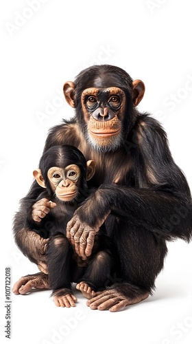 Mother Monkey Chimpanzee Petting Her Baby, White Background, Wallpaper, Cover and Screen for Smartphone, PC, Laptop, 9:16 and 16:9 Format