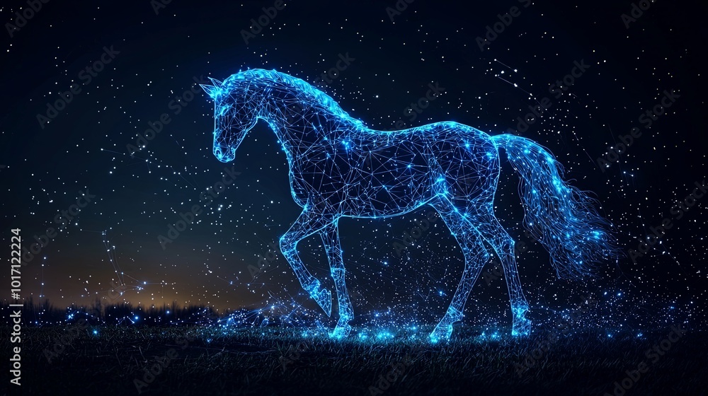A radiant blue horse composed of intricate light connections prances gracefully on the grass, set against a mesmerizing starry night backdrop. A radiant blue horse composed of intricate light connections prances gracefully on the grass, set against a mesmerizing starry night backdrop.
