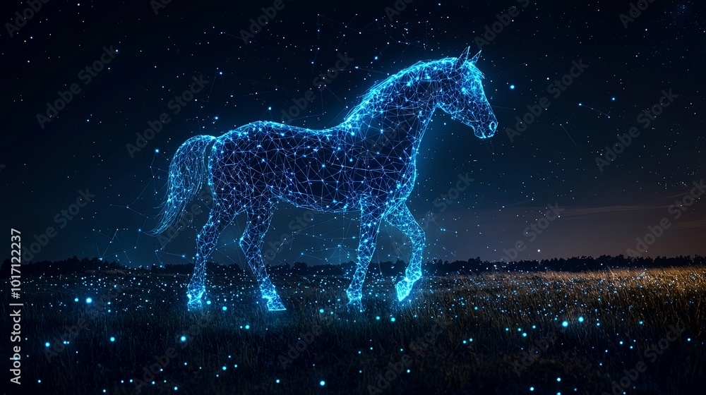 A spectral equine, woven from stars and lines, stands amidst a sweeping nighttime cosmic landscape, embodying freedom and celestial gracefulness. A spectral equine, woven from stars and lines, stands amidst a sweeping nighttime cosmic landscape, embodying freedom and celestial gracefulness.